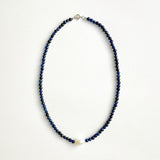 Handmade lapis lazuli and oval freshwater pearl necklace set with Australian made silver clasp — Tahlais