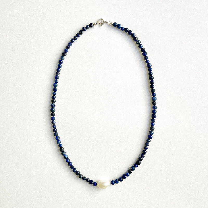 Handmade lapis lazuli and oval freshwater pearl necklace set with Australian made silver clasp — Tahlais