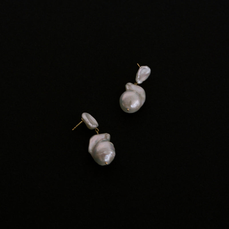 Handcrafted freshwater baroque and keshi pearl drop earrings with 9k gold backing — Tahlais